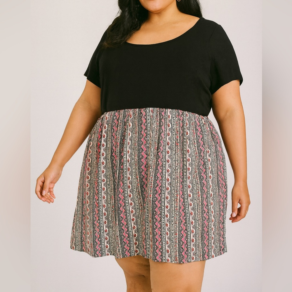 Black and Patterned Short Sleeve A-Line Dress